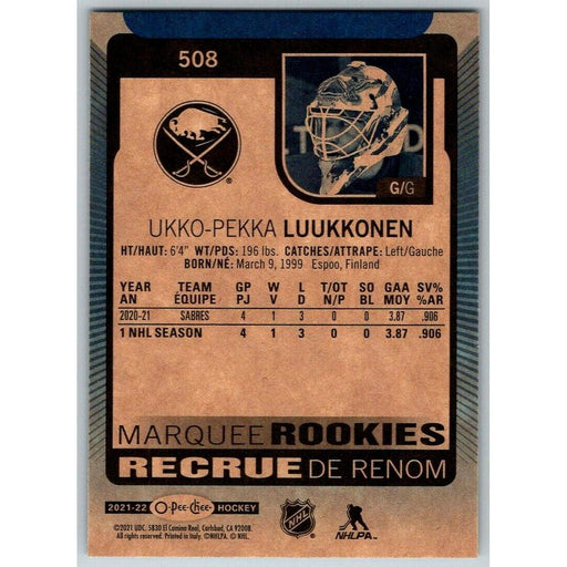 2021-22 O-Pee-Chee Blue Border (UD OPC) Marquee Rookies Ukko-Pekka Luukkonen RC - Collectible Craze America