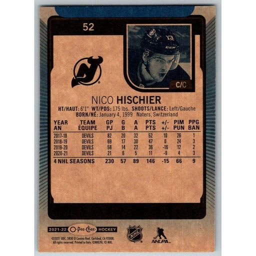 2021-22 O-Pee-Chee Blue Border (UD OPC) Nico Hischier New Jersey Devils #52 - Collectible Craze America