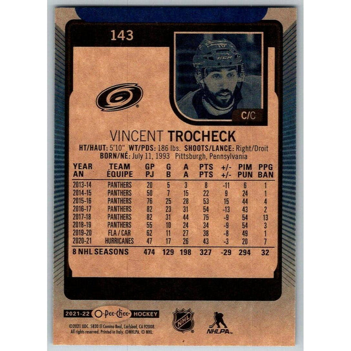 2021-22 O-Pee-Chee Blue Border (UD OPC) Vincent Trocheck Carolina Hurricanes - Collectible Craze America