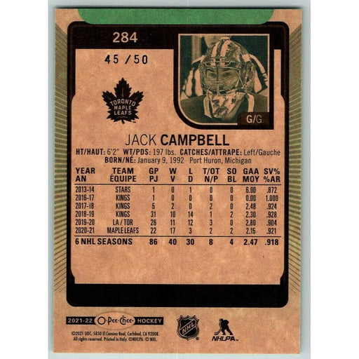 2021-22 O-Pee-Chee Green Border (UD OPC) Jack Campbell 45/50 Toronto Maple Leafs - Collectible Craze America