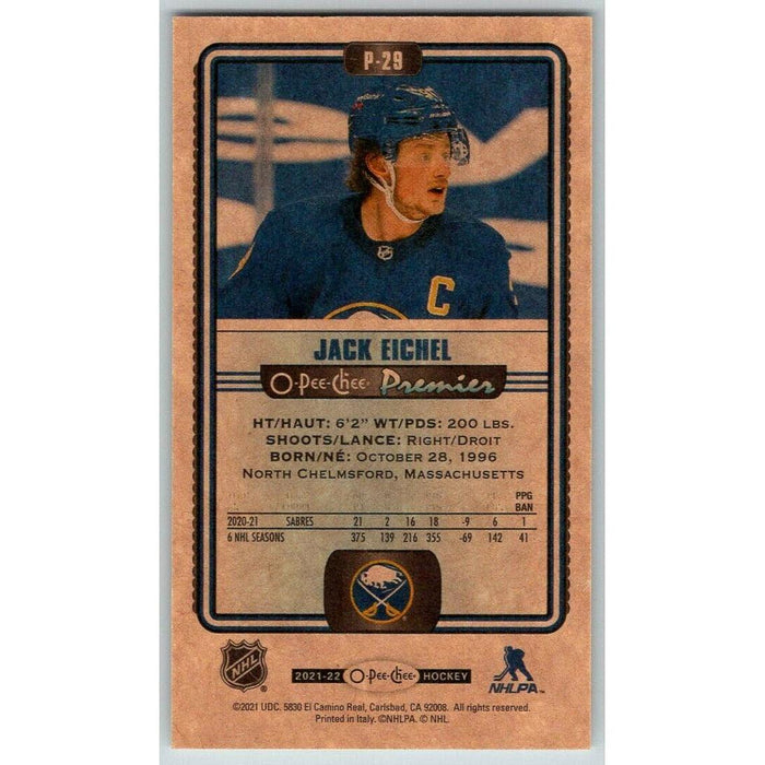 2021-22 O-Pee-Chee Premier Tallboys #P-29 Jack Eichel Buffalo Sabres - Collectible Craze America