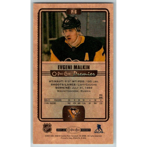 2021-22 O-Pee-Chee Premier Tallboys (Upper Deck OPC) Evgeni Malkin Pittsburgh - Collectible Craze America