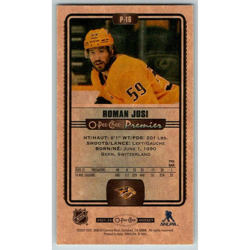 2021-22 O-Pee-Chee Premier Tallboys (Upper Deck OPC) Roman Josi Nashville - Collectible Craze America