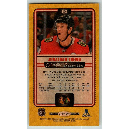 2021-22 O-Pee-Chee Premier Tallboys Yelllow Border (UD OPC) Jonathan Toews - Collectible Craze America