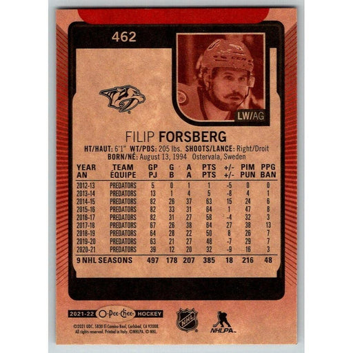 2021-22 O-Pee-Chee Red Border (UD OPC) Filip Forsberg Nashville Predators #462 - Collectible Craze America