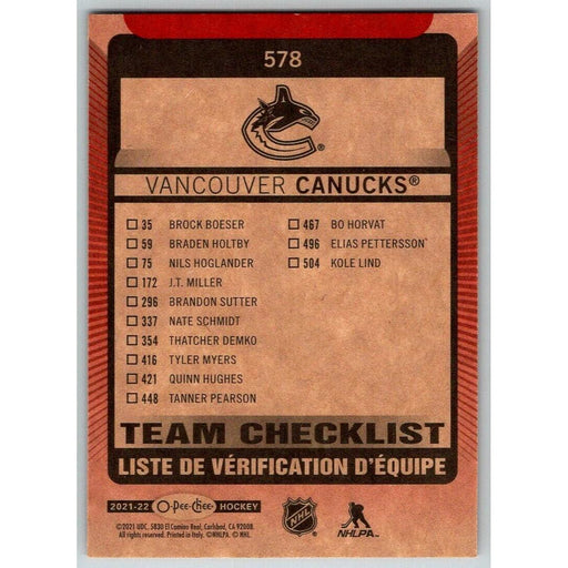 2021-22 O-Pee-Chee Red Border (UD OPC) Team Checklist Vancouver Canucks #578 - Collectible Craze America