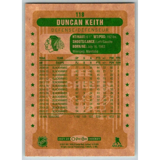 2021-22 O-Pee-Chee Retro (Upper Deck OPC) Duncan Keith Chicago Blackhawks #118 - Collectible Craze America