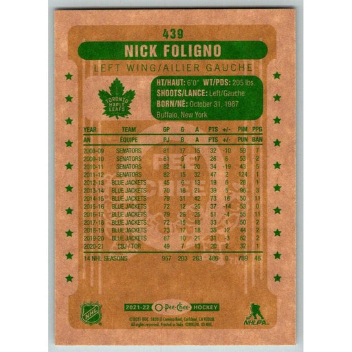 2021-22 O-Pee-Chee Retro (Upper Deck OPC) Nick Foligno Toronto Maple Leafs #439 - Collectible Craze America