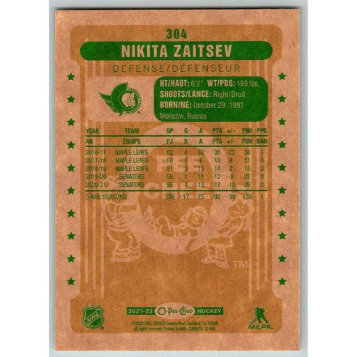 2021-22 O-Pee-Chee Retro (Upper Deck OPC) Nikita Zaitsev Ottawa Senators #304 - Collectible Craze America