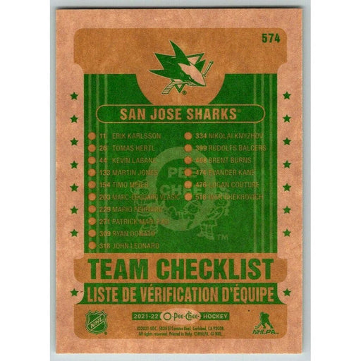 2021-22 O-Pee-Chee Retro (Upper Deck OPC) Team Checklist San Jose Sharks #574 - Collectible Craze America