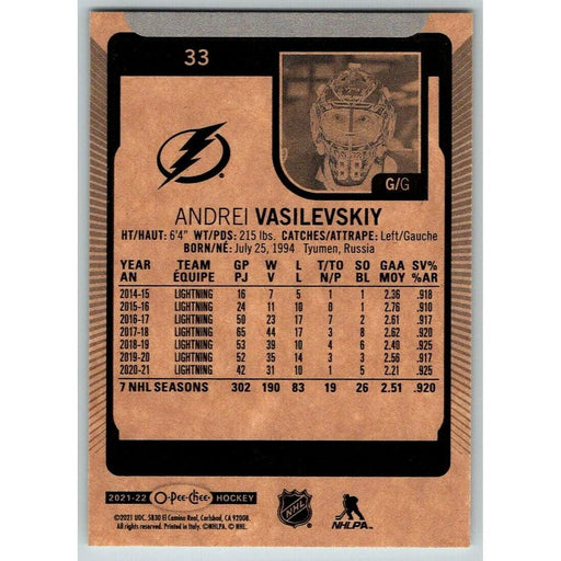 2021-22 O-Pee-Chee (Upper Deck OPC) Andrei Vasilevskiy Tampa Bay Lightning #33 - Collectible Craze America