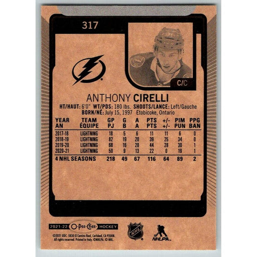 2021-22 O-Pee-Chee (Upper Deck OPC) Anthony Cirelli Tampa Bay Lightning #317 - Collectible Craze America