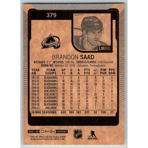2021-22 O-Pee-Chee (Upper Deck OPC) Brandon Saad Colorado Avalanche #379 - Collectible Craze America