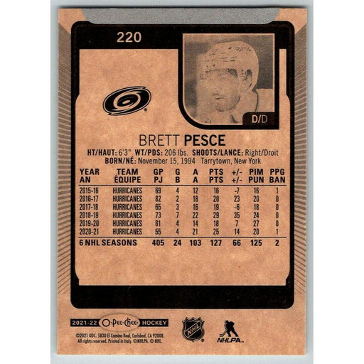 2021-22 O-Pee-Chee (Upper Deck OPC) Brett Pesce Carolina Hurricanes #220 - Collectible Craze America