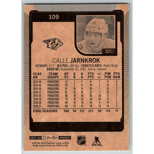 2021-22 O-Pee-Chee (Upper Deck OPC) Calle Jarnkrok Nashville Predators #109 - Collectible Craze America