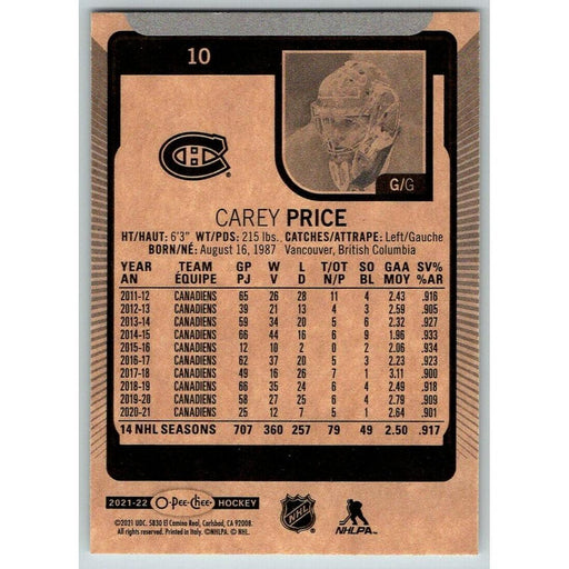 2021-22 O-Pee-Chee (Upper Deck OPC) Carey Price Canada #10 - Collectible Craze America