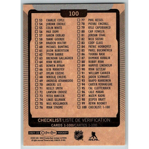 2021-22 O-Pee-Chee (Upper Deck OPC) Checklist Cards 1-100 #100 - Collectible Craze America