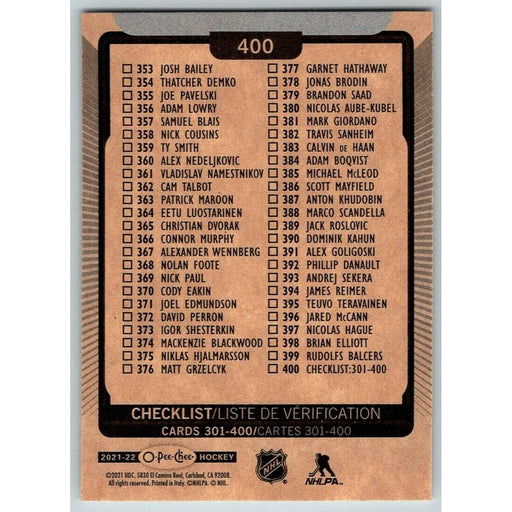 2021-22 O-Pee-Chee (Upper Deck OPC) Checklist Cards 301-400 #400 - Collectible Craze America