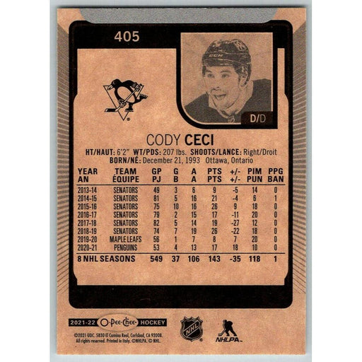 2021-22 O-Pee-Chee (Upper Deck OPC) Cody Ceci Pittsburgh Penguins #405 - Collectible Craze America