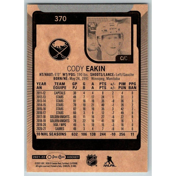 2021-22 O-Pee-Chee (Upper Deck OPC) Cody Eakin Buffalo Sabres #370 - Collectible Craze America