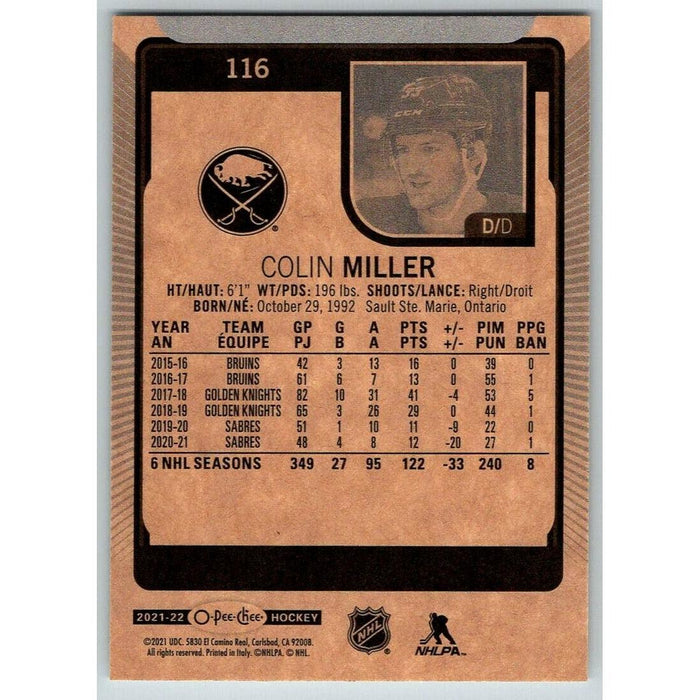 2021-22 O-Pee-Chee (Upper Deck OPC) Colin Miller Buffalo Sabres #116 - Collectible Craze America