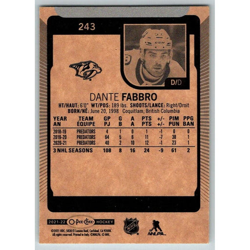 2021-22 O-Pee-Chee (Upper Deck OPC) Dante Fabbro Nashville Predators #243 - Collectible Craze America