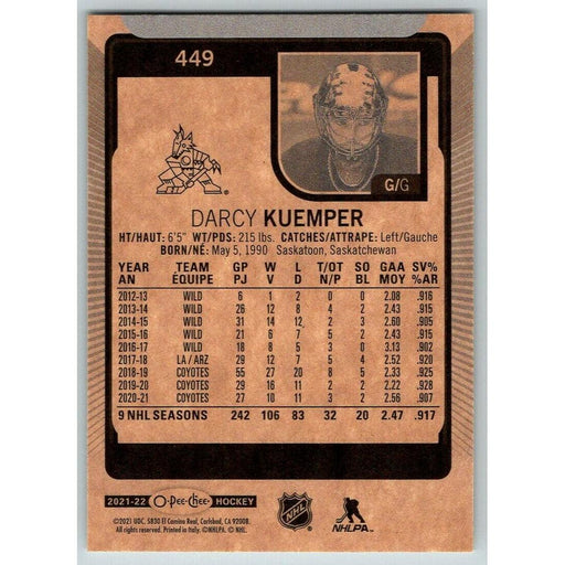 2021-22 O-Pee-Chee (Upper Deck OPC) Darcy Kuemper Arizona Coyotes #449 - Collectible Craze America
