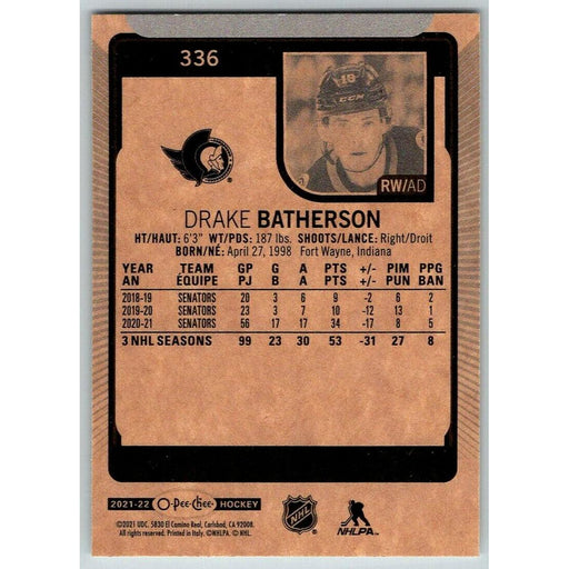 2021-22 O-Pee-Chee (Upper Deck OPC) Drake Batherson Ottawa Senators #336 - Collectible Craze America