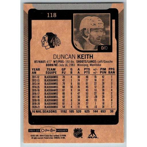 2021-22 O-Pee-Chee (Upper Deck OPC) Duncan Keith Chicago Blackhawks #118 - Collectible Craze America