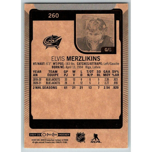 2021-22 O-Pee-Chee (Upper Deck OPC) Elvis Merzlikins Columbus Blue Jackets #260 - Collectible Craze America