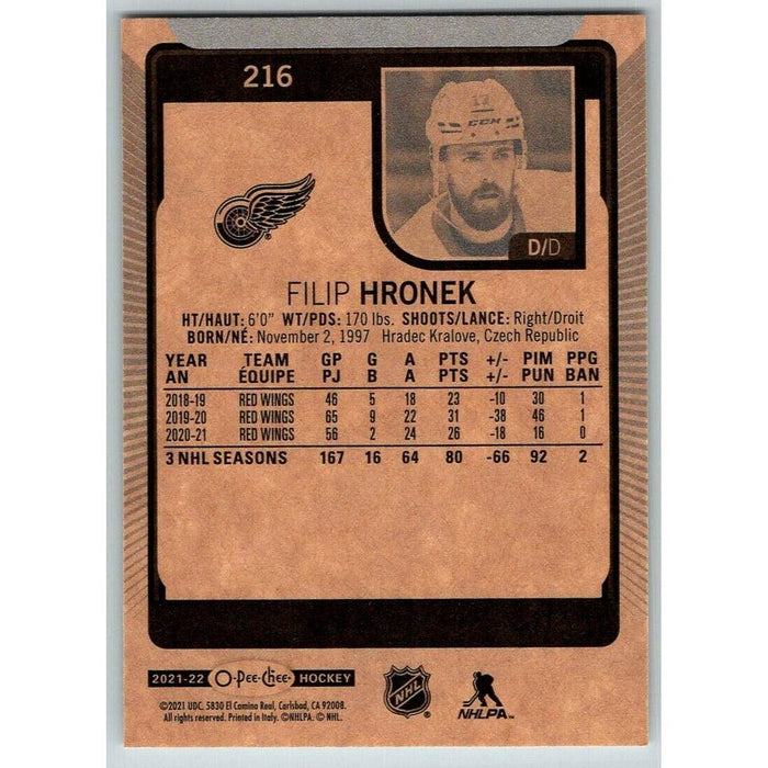 2021-22 O-Pee-Chee (Upper Deck OPC) Filip Hronek Detroit Red Wings #216 - Collectible Craze America