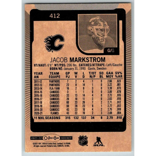 2021-22 O-Pee-Chee (Upper Deck OPC) Jacob Markstrom Calgary Flames #412 - Collectible Craze America