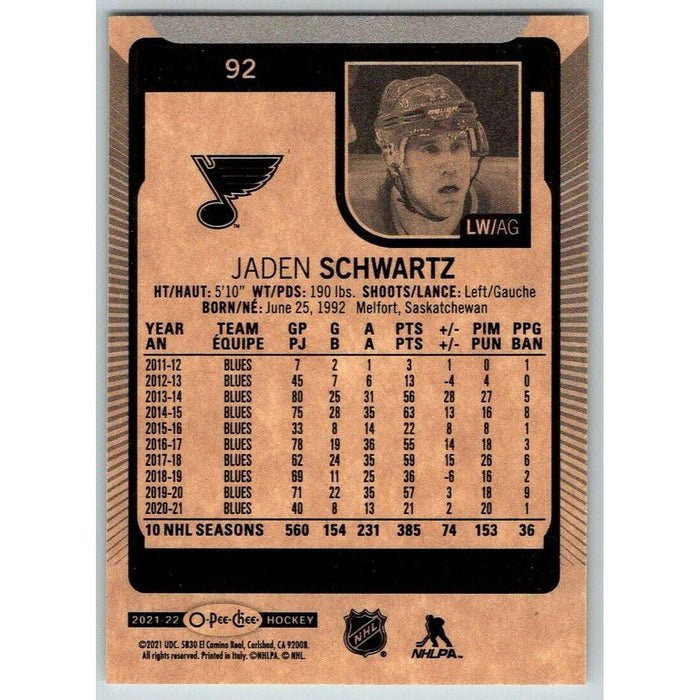 2021-22 O-Pee-Chee (Upper Deck OPC) Jaden Schwartz St. Louis Blues #92 - Collectible Craze America