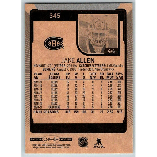 2021-22 O-Pee-Chee (Upper Deck OPC) Jake Allen Montreal Canadiens #345 - Collectible Craze America