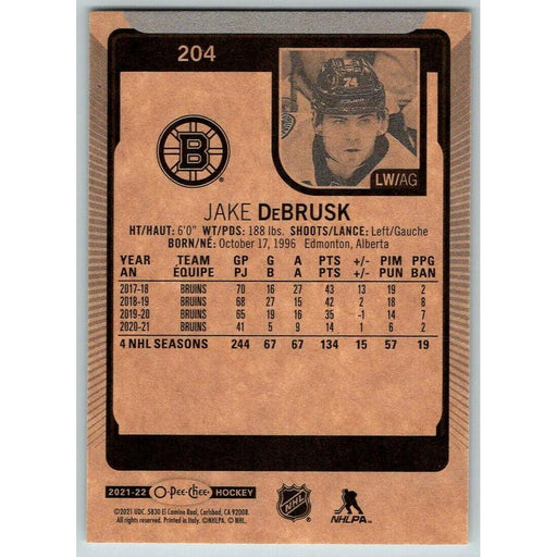 2021-22 O-Pee-Chee (Upper Deck OPC) Jake DeBrusk Boston Bruins #204 - Collectible Craze America