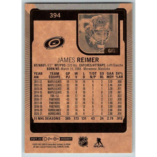 2021-22 O-Pee-Chee (Upper Deck OPC) James Reimer Carolina Hurricanes #394 - Collectible Craze America