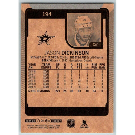 2021-22 O-Pee-Chee (Upper Deck OPC) Jason Dickinson Dallas Stars #194 - Collectible Craze America