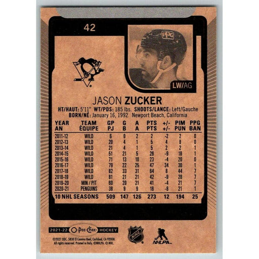 2021-22 O-Pee-Chee (Upper Deck OPC) Jason Zucker Pittsburgh Penguins #42 - Collectible Craze America