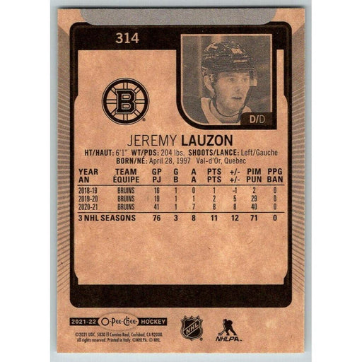 2021-22 O-Pee-Chee (Upper Deck OPC) Jeremy Lauzon Boston Bruins #314 - Collectible Craze America