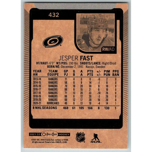 2021-22 O-Pee-Chee (Upper Deck OPC) Jesper Fast Carolina Hurricanes #432 - Collectible Craze America