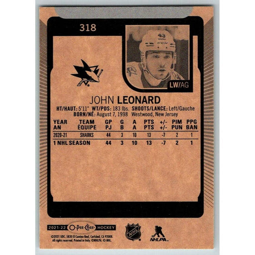 2021-22 O-Pee-Chee (Upper Deck OPC) John Leonard San Jose Sharks #318 - Collectible Craze America