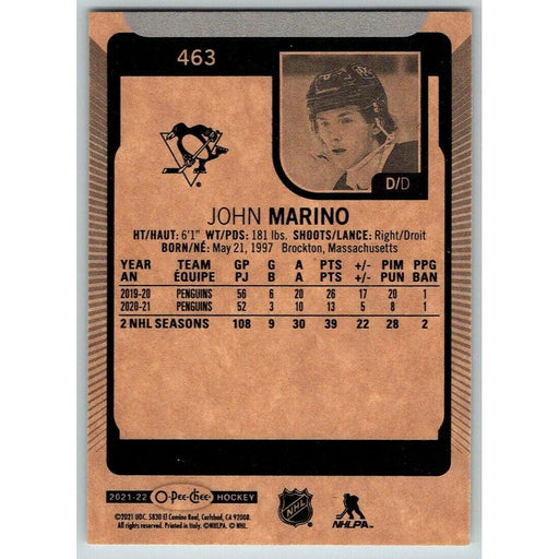 2021-22 O-Pee-Chee (Upper Deck OPC) John Marino Pittsburgh Penguins #463 - Collectible Craze America