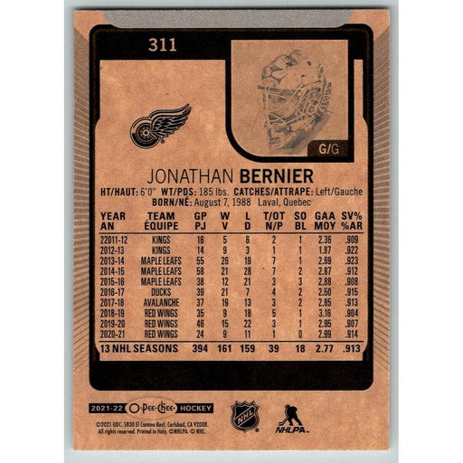 2021-22 O-Pee-Chee (Upper Deck OPC) Jonathan Bernier Detroit Red Wings #311 - Collectible Craze America