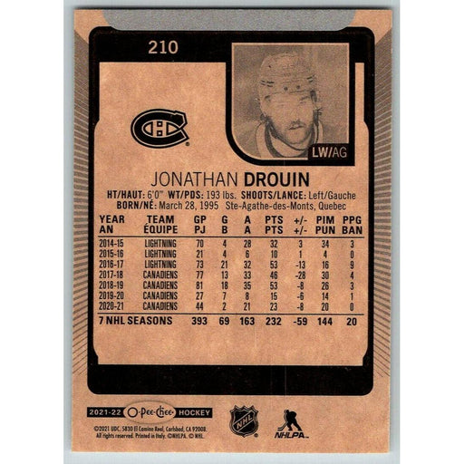 2021-22 O-Pee-Chee (Upper Deck OPC) Jonathan Drouin Montreal Canadiens #210 - Collectible Craze America