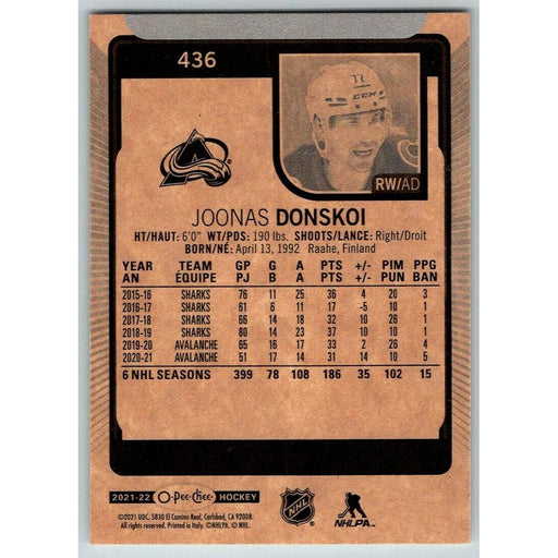 2021-22 O-Pee-Chee (Upper Deck OPC) Joonas Donskoi Colorado Avalanche #436 - Collectible Craze America