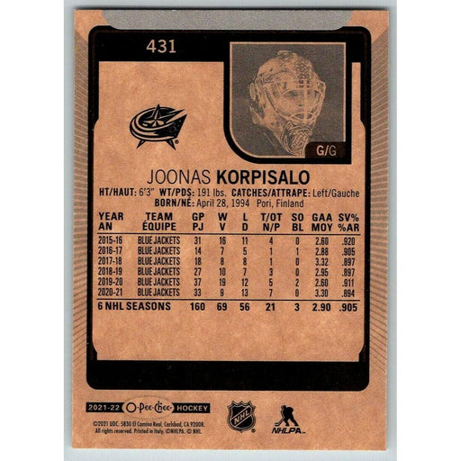 2021-22 O-Pee-Chee (Upper Deck OPC) Joonas Korpisalo Columbus Blue Jackets #431 - Collectible Craze America