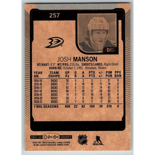 2021-22 O-Pee-Chee (Upper Deck OPC) Josh Manson Anaheim Ducks #257 - Collectible Craze America