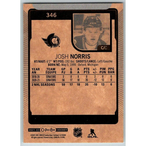 2021-22 O-Pee-Chee (Upper Deck OPC) Josh Norris Ottawa Senators #346 - Collectible Craze America