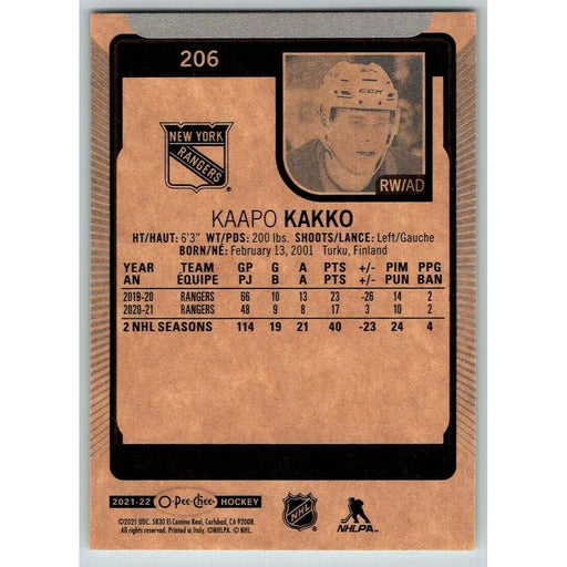 2021-22 O-Pee-Chee (Upper Deck OPC) Kaapo Kakko New York Rangers #206 - Collectible Craze America