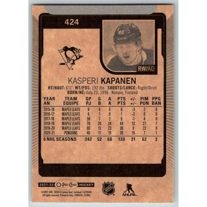 2021-22 O-Pee-Chee (Upper Deck OPC) Kasperi Kapanen Pittsburgh Penguins #424 - Collectible Craze America